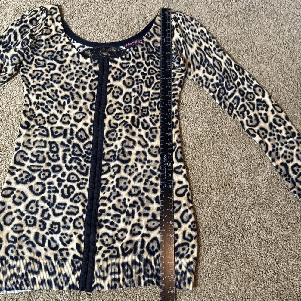 Betsey Johnson Medium Brown Black Leopard Print Sweater Tunic Lace Back Y2K 90s